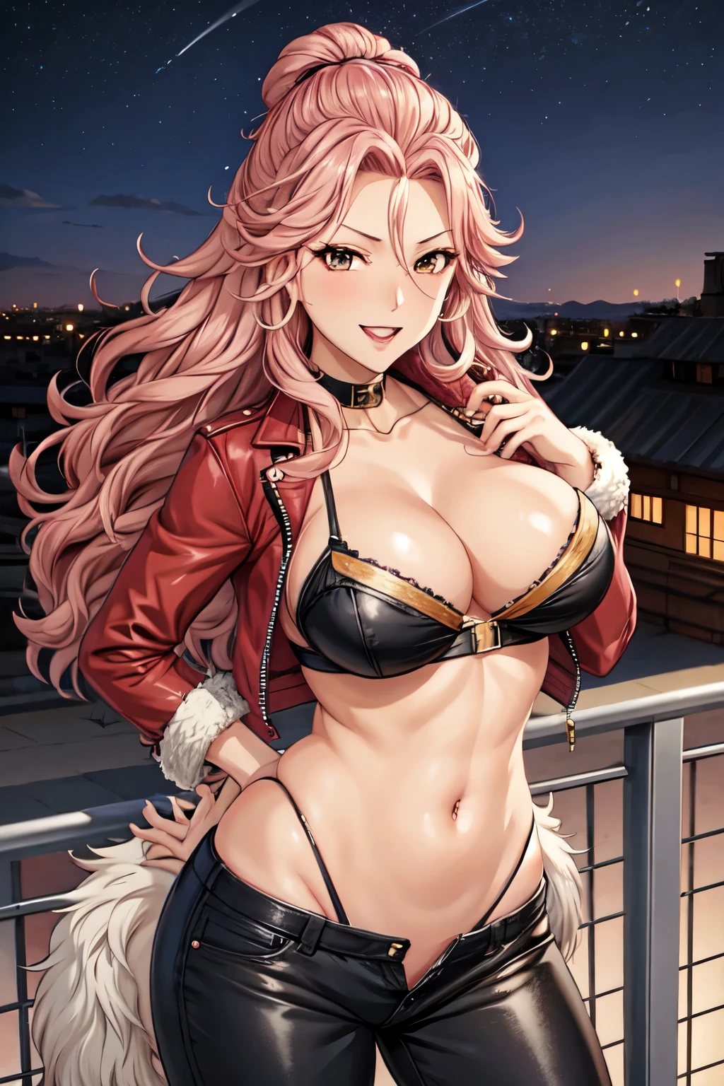 hamakawa_ayuna, 1woman solo、、おでこ、curlhair、ピンクhair、blush, lipstick, outdoors, rooftop, cityscape, building, railing, night, night sky, scenery, city lights, fur trim, female, gloves, fur-trimmed coat, masterpiece, best quality, highly detailed, a girls with a gun, evil smile , open mouth, sexy g, badass pose , evil smile, smile, (nsfw) not safe for work, guns blazing, anime girl with long hair, beautiful long haired girl, navel, evil expression, exposed belly, exposed navel, exposed midriff, exposed lower belly, long black pants, crop top, cleavage,ned leather pants ,open fly, low rise black leather pants, leather jacket, holding a gun, navel piercing