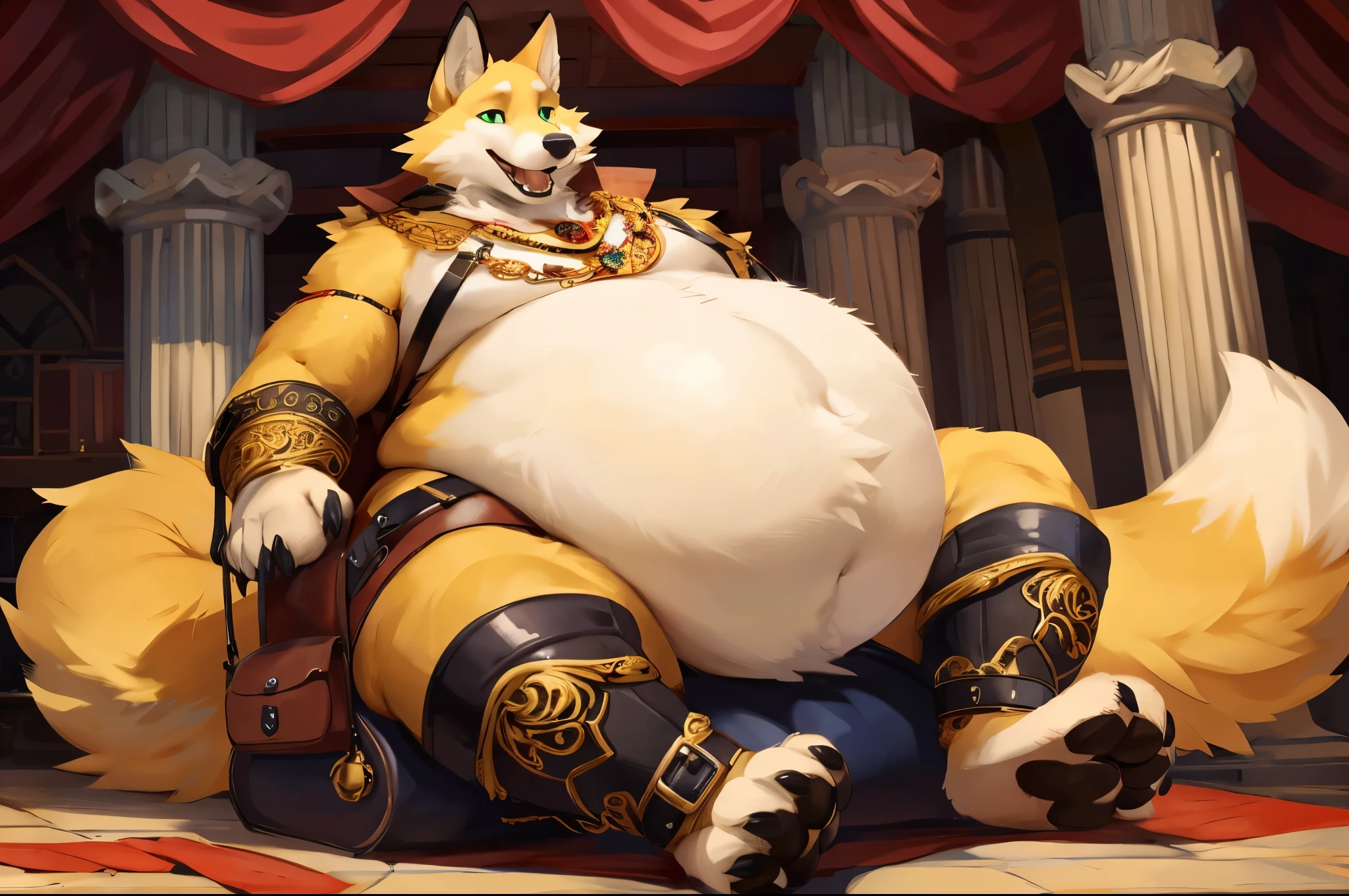 4k ultra quality, 4k full body view,ultra high detailed body,singo person,feral fox, detailed body, white belly fur,big belly, ((round belly)), enormous belly, enormous body, bulge,by mystikfox61, by glitter trap boy, by bebebebebe,by morethreedee, by seibear,(thick thigh),(chubby thigh),thicc thigh,thick legs,chubby legs,thicc legs,massive butt,enomorous thigh,massive thigh,massive legs,(detailed thigh),(wide thigh),thick butt,fluffy belly,furry belly,sharp nails,((sfw)),(ultra detailed face),ultra detailed eyes,cute face,green eyes,(golden fur),mouth open,big tail,fluffy tail,(detailed tail),enomorous tail,front view,bigger tail,huge tail,bloated feral belly,enomorous thigh,fluffy paws,detailed paws,thick paws,chubby paws,huge paws,big paws,(black paws),bare paws,ornate belts,ornate necklace,golden bracelet,leather belts,multiple belts, saddle bags,ornate saddle,saddle packs,big packs,mediaeval town,mediaeval style,treader,sitting on pat,ornate pat,gems on pat