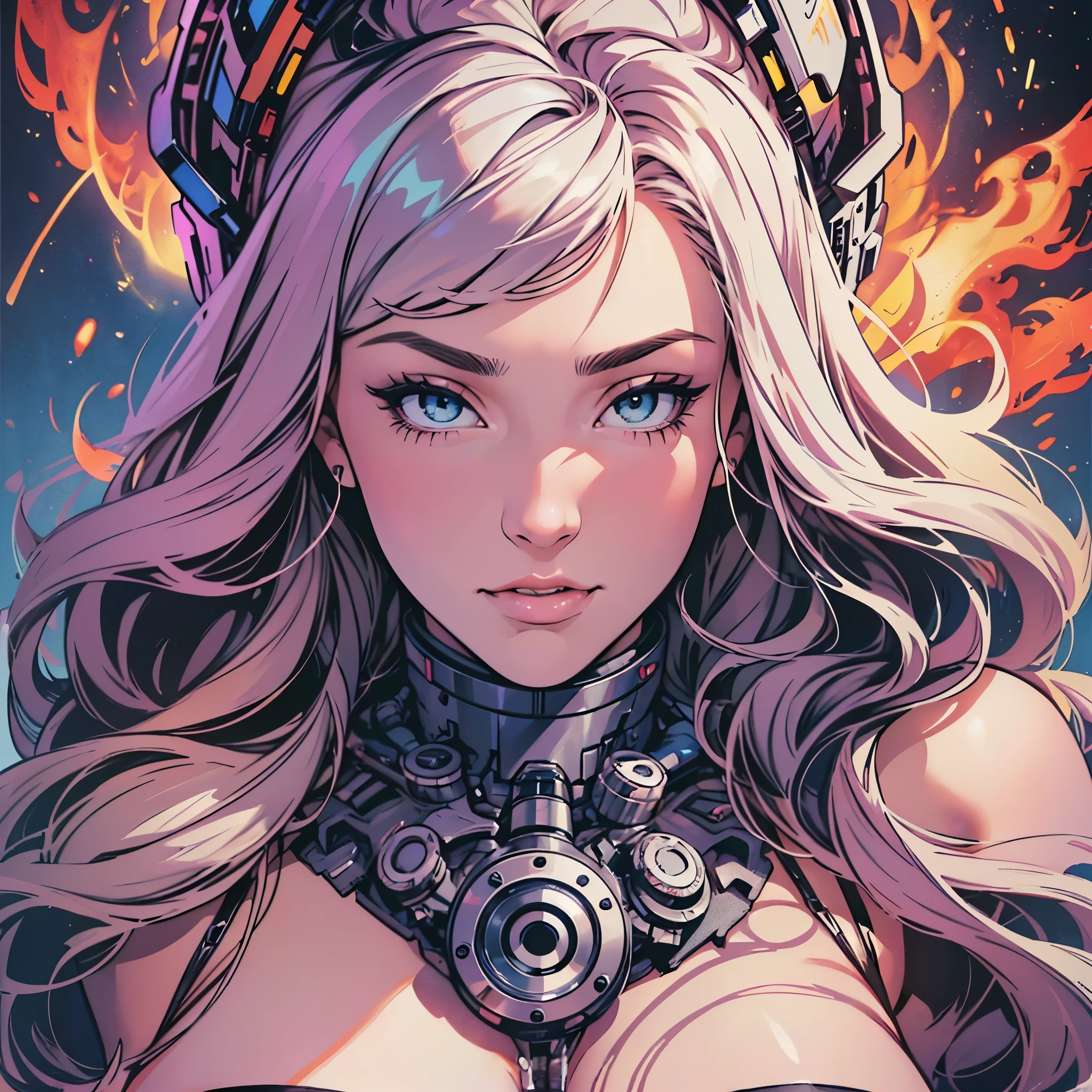 (((ultimate best quality))),((((solo:1.2)))),((((1girl:1.2)))),((((beautiful perfect woman)))),(((detailed perfect body, detailed perfect finger))),((((((ultimate movie poster)))))),(((bust up, close up))),((((detailed complicated machine)))),(((((genius mechanical))))),(((American comics))),(((extreme highlights))),(((Extremely colorful, primary colors))),cleavage, super beautiful lady,(((typography))),text