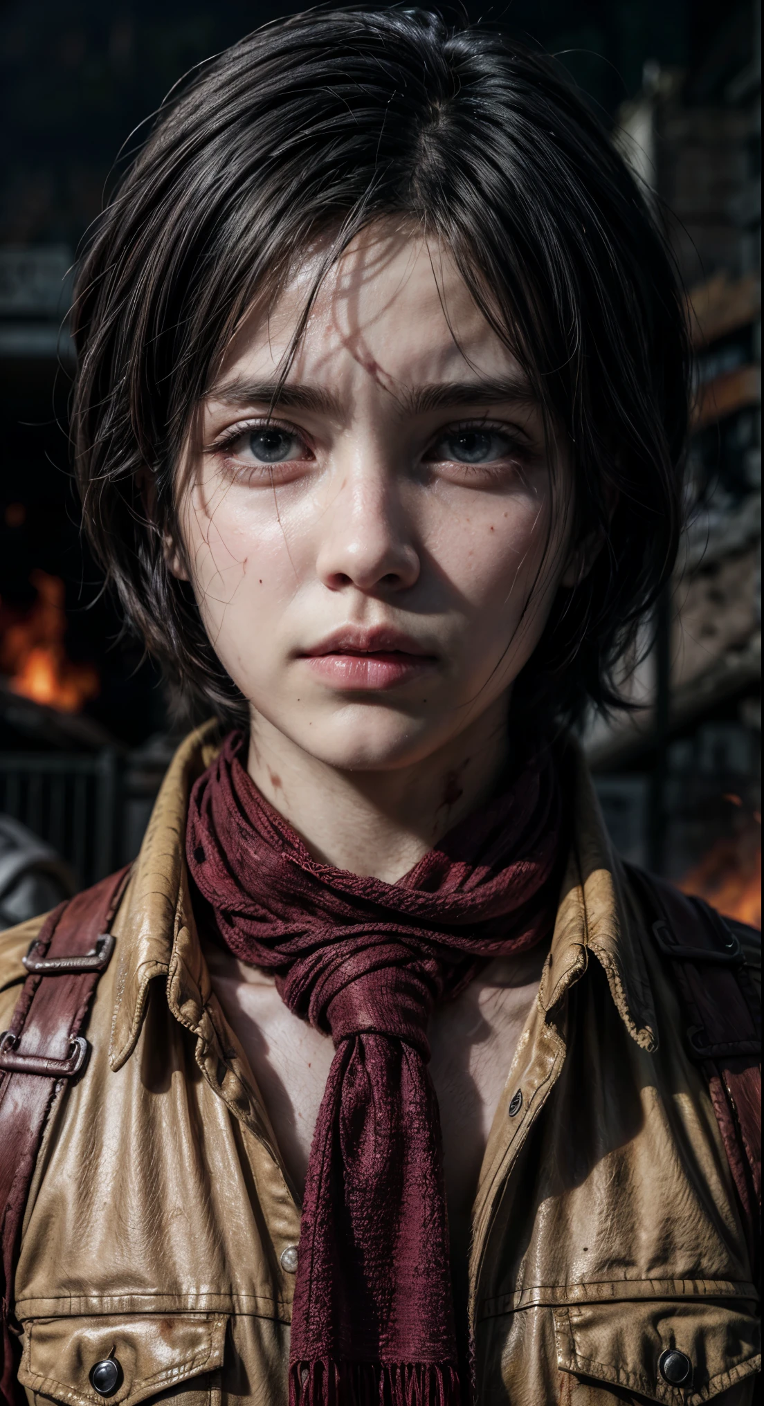(masterpiece), (hyper realistic), Attack on Titan, half body shot, Mikasa Ackerman, Crying, sadness, Tears, A maroon scarf around his neck, blood stains on his face and clothes, dinamic lighting, dramatic fire background