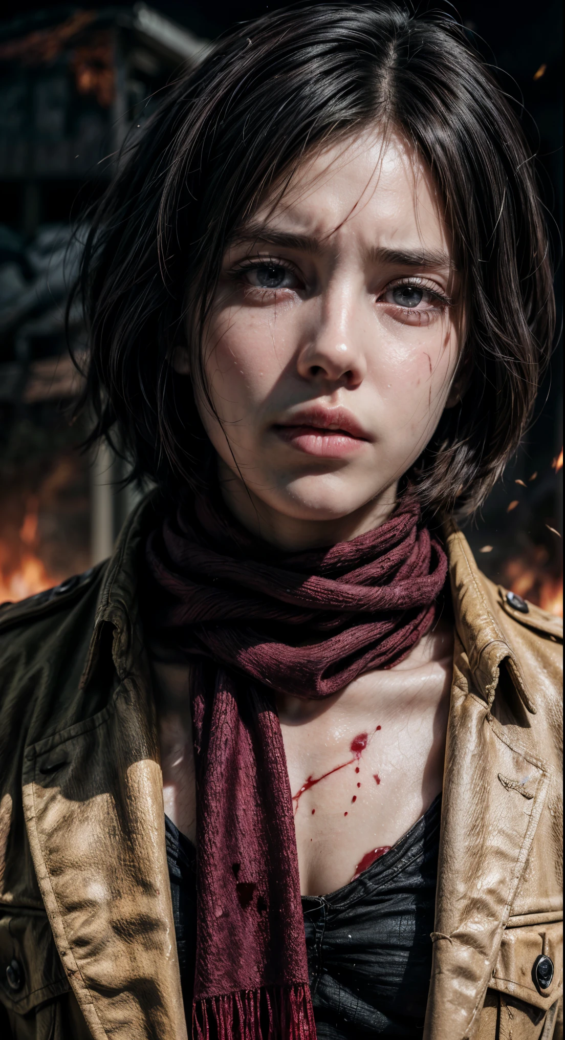 (masterpiece), (hyper realistic), Attack on an, half body shot, Mikasa Ackerman, Crying, sadness, Tears, A maroon scarf around his neck, blood stains on his face and clothes, dinamic lighting, dramatic fire background