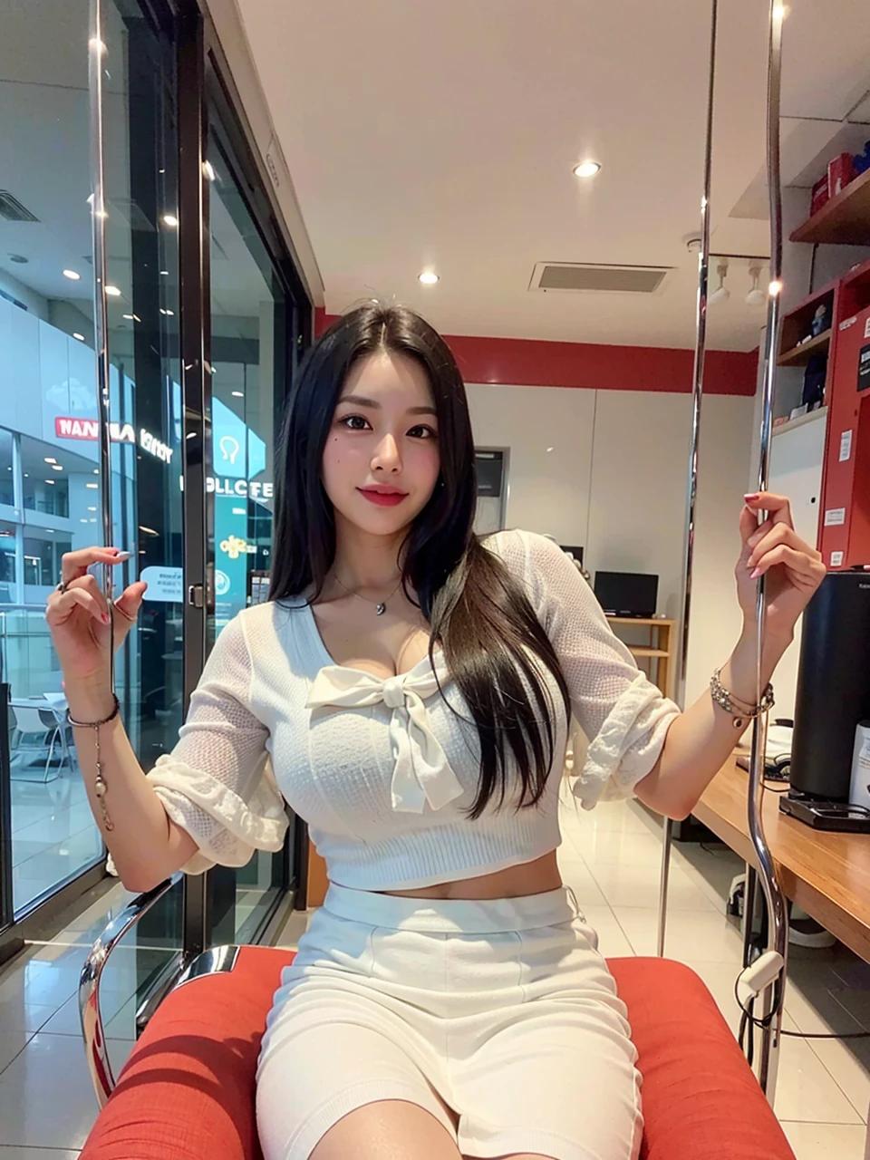 (8k, RAW photo, best quality, masterpiece:1.2), (realistic, photo-realistic:1.37), ultra-detailed,
1 girl,cute, solo,beautiful detailed sky,detailed cafe,night,sitting,dating,(nose blush),(smile:1.1),(closed mouth),large breasts, seductive smile, large aparture, professional lighting, Sony A7R4, Zessie 50mm F1.8,,fold your arms behind head:1.5,mole under eye:1.2
medium breasts,beautiful detailed eyes,(white sexy dress:1.1), bowtie,pleated skirt,(short hair:1.2),floating hair