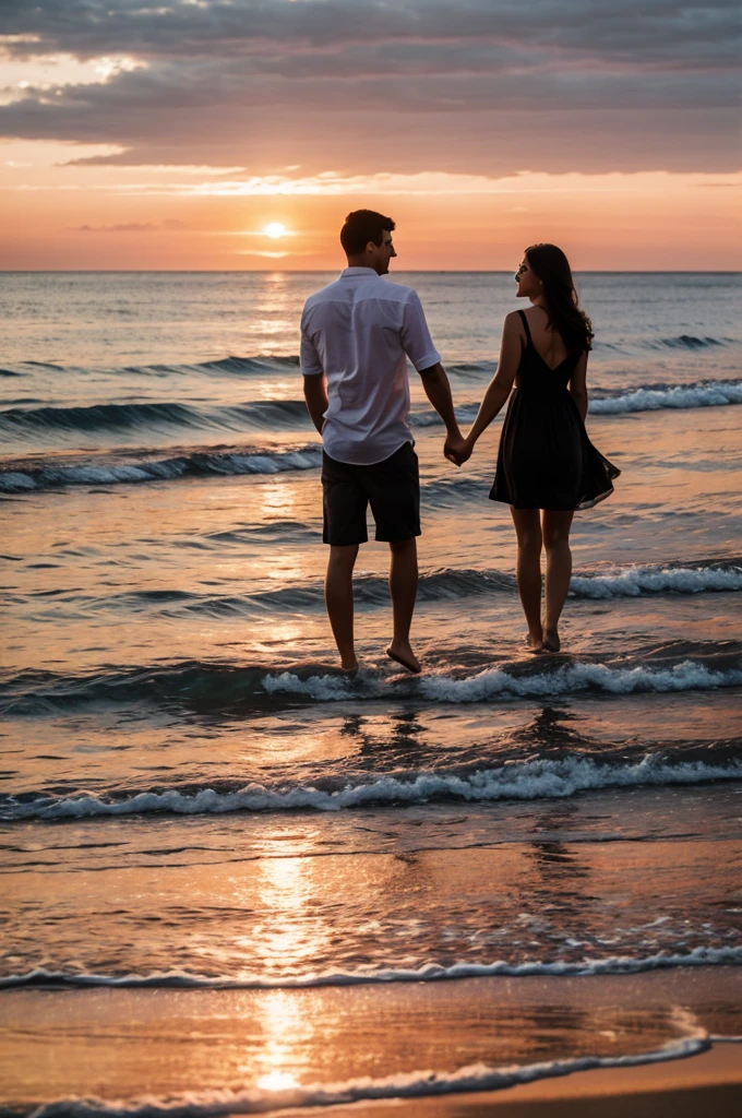 Couple in love holding hands against the backdrop of the sea and sunset