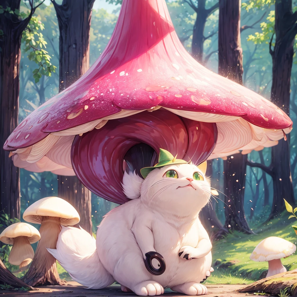 The light matcha-colored cat wears a &quot;cream-colored poisonous mushroom&quot;-shaped hat on its head.。 
Its body is like a poisonous mushroom，The body changes into the shape of a mushroom，The feet also become cylindrical and long，But without losing the cat’s hair and mobility。
Eyes become round and big，Wine red。
The tail becomes like a platypus，flat and wide