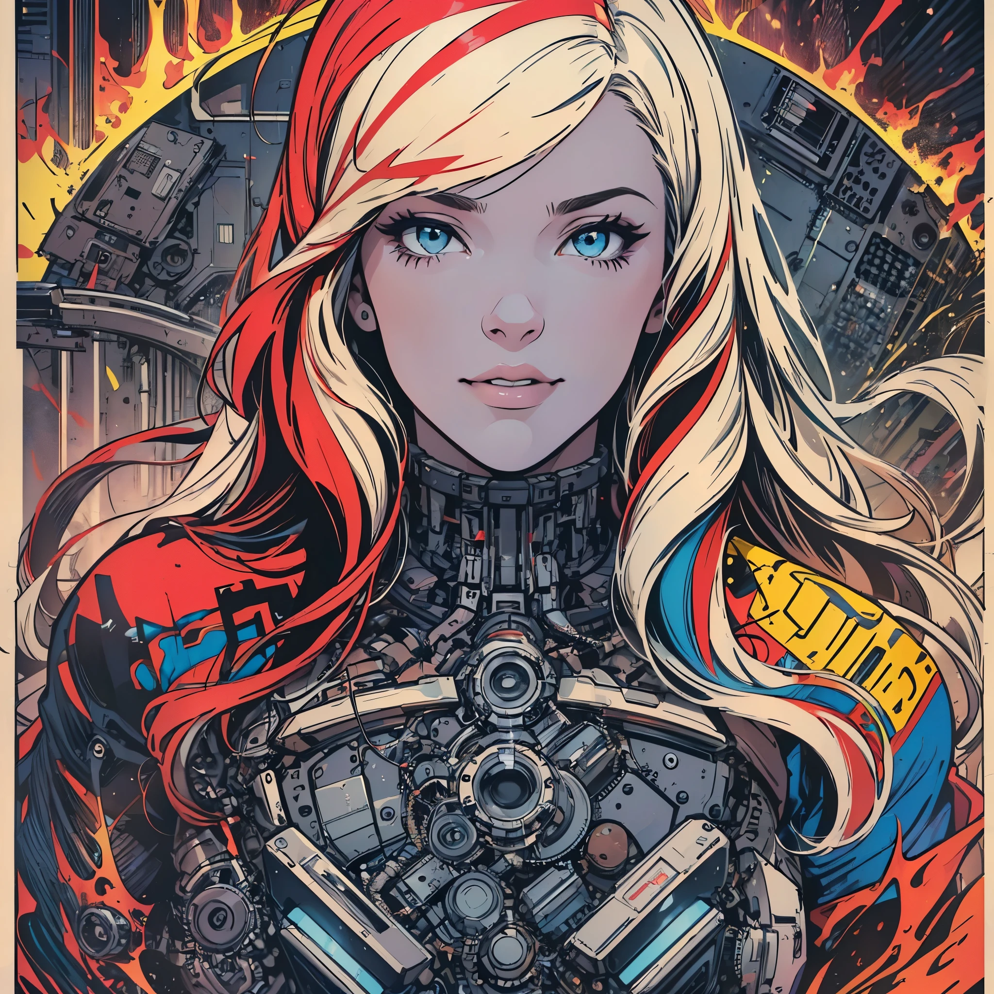 (((ultimate best quality))),((((solo:1.2)))),((((1girl:1.2)))),((((beautiful perfect woman)))),(((detailed perfect body, detailed perfect finger))),((((((ultimate movie poster)))))),(((bust up, close up))),((((detailed complicated machine)))),(((((genius mechanical))))),(((American comics))),(((extreme highlights))),(((Extremely colorful, primary colors))),cleavage,(super beautiful lady),(((typography))),(((various angles)))