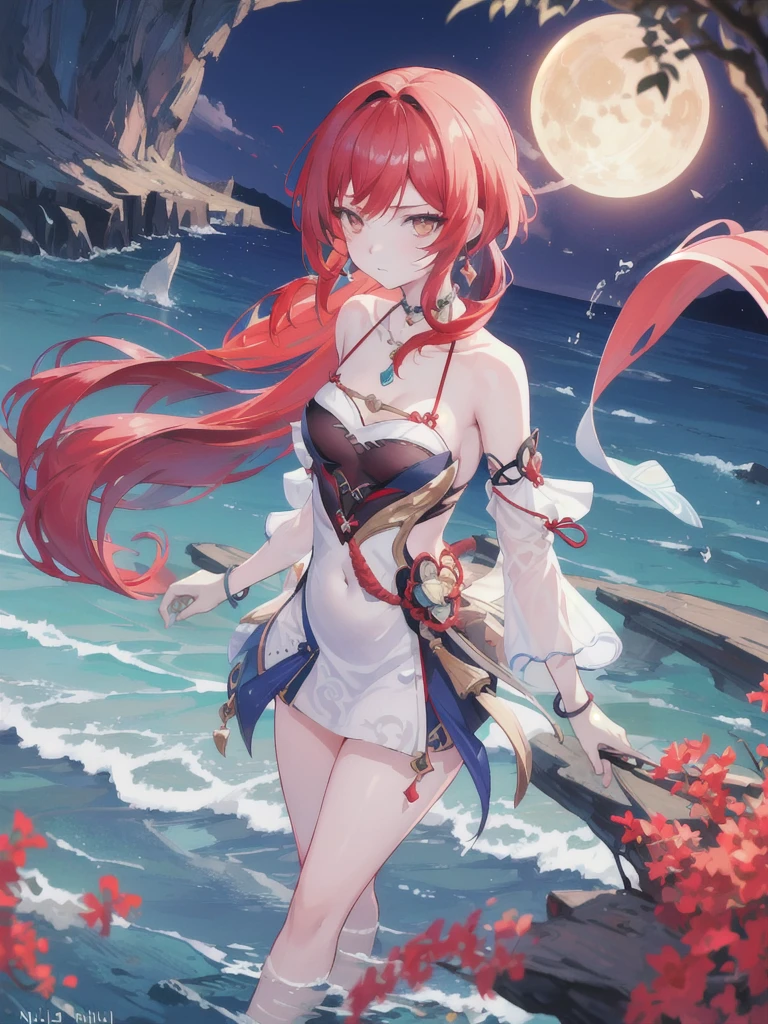 nilou (genshin impact), behind the sea, 1girl, background blur, closed mouth, bare arms, accessory, bare sleeves, bare shoulders, red hair, bracelets, necklace, cowboy shot, sideways