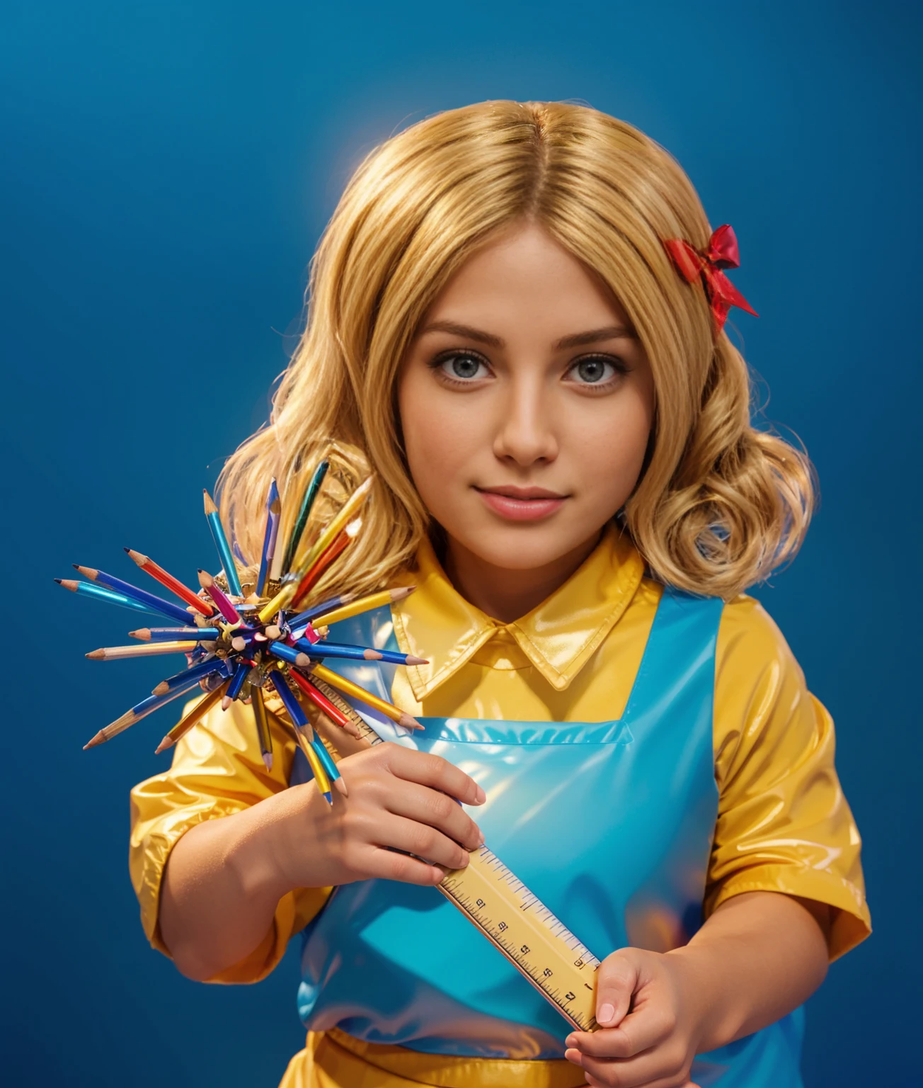 The image features a young girl with blonde hair holding a large colorful pencil. She is wearing a blue and yellow apron and has a red bow in her hair. The background is a plain blue, smooth 3d model, glossy plastic texture, multiple light sources, rim light, sharp post effects render, most beautiful vfx, , realistic, 4k, high resolution, rim light, smooth 3d model. , glossy texture, smooth 3d model, multiple light sources, rim light, sharp post effects render, (glossy plastic texture with multiple big light probe refractions), perfect cgi, reflective, best quality, 4k, masterpiece:1.2, ultra-detailed, realistic, vivid colors, The image of the highest quality, ensuring every detail showcased perfectly. It in 4k resolution, allowing viewers to immerse themselves in the richness of the colors and intricate details. The realistic rendering. under the spotlight, reflecting, high-resolution image, realistic rendering
