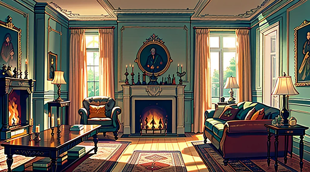 （best quality，masterpiece：1.2，detailed details，4k），Middle Ages, a gorgeous mafia boss's office,，Interior, victorian Manor with reliquies, (((Nigth))), (((moonligth enters the living room))) soft pale orange palette, soft secundary exterior ligth