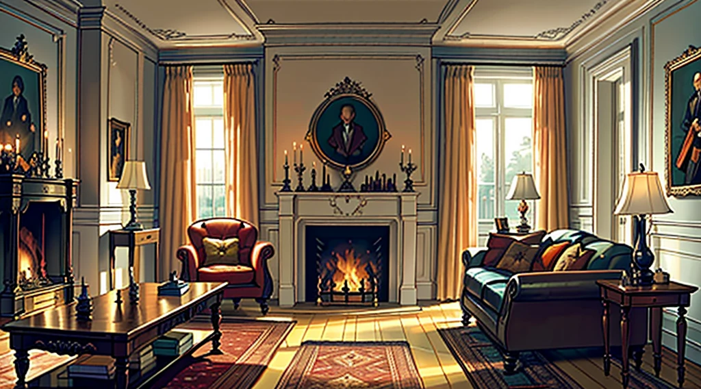 （best quality，masterpiece：1.2，detailed details，4k），Middle Ages, a gorgeous mafia boss's office,，Interior, victorian Manor with reliquies, (((Nigth))), (((moonligth enters the living room))) soft pale orange palette, soft secundary exterior ligth