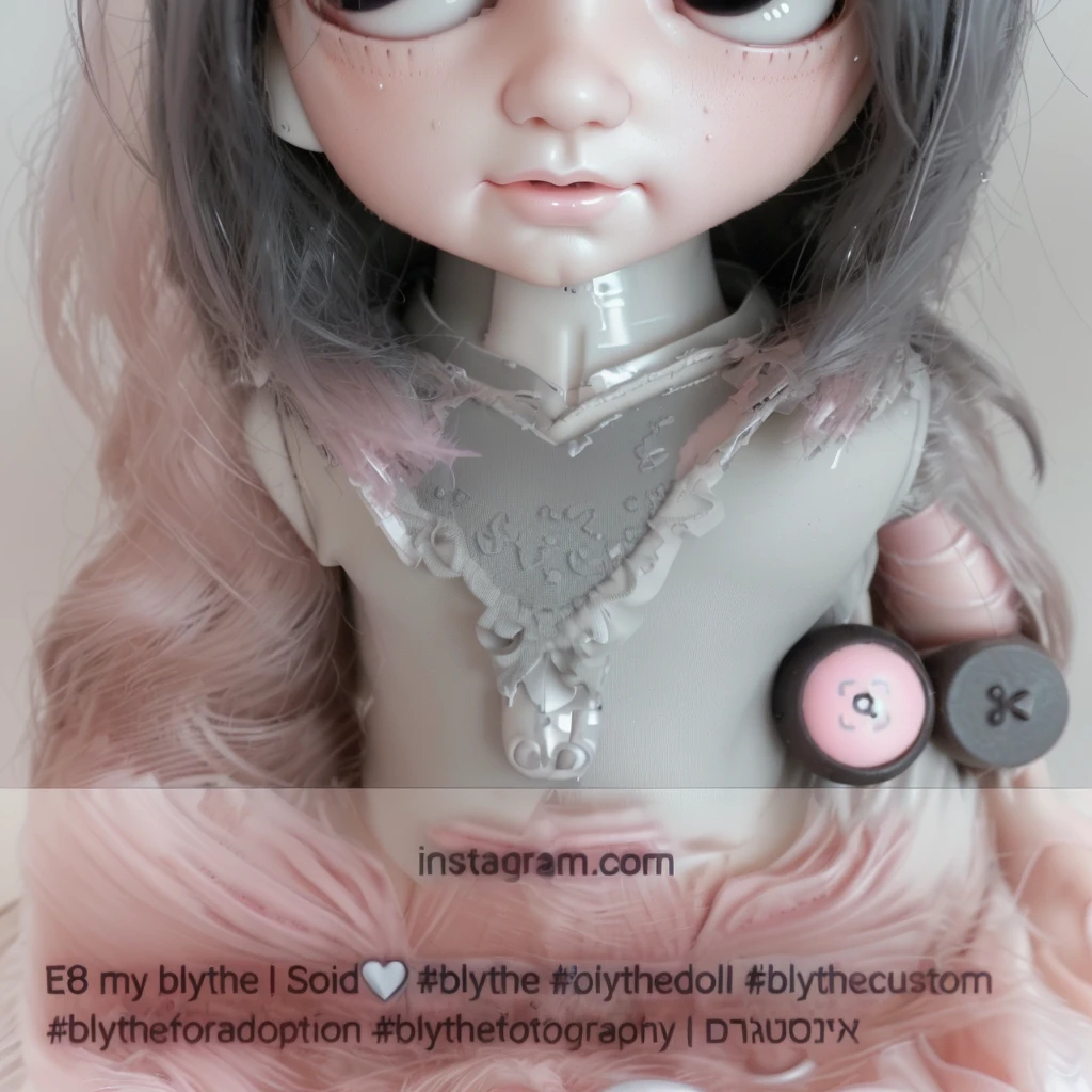 Blythe the doll with black eyes and has short black hair, little faery doll, shiny eyes, in the style of carl zeiss distagon t* 80mm f/2.8ze, dollcore, light pink and grey, meticulous design, abrupt, dreamlike scenario, canberrycore, lori early, aurorpunk, dreamlike hue