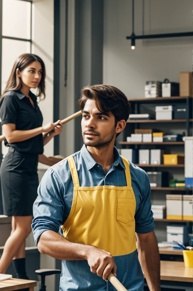 A man holding a broom in his hand paying attention to what another person is saying in a busy work environment