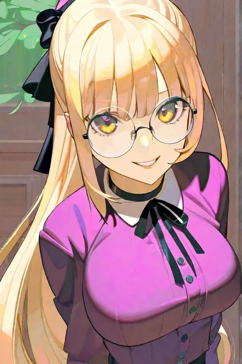 artist: timbougami, style: flat-pasto, character: marie rose, 1girl, solo, looking at viewer, grin, parted lips, round eyewear, breasts, purple shirt, black ribbon, beautiful color, best quality, highres, dead or alive, bespectacled, buttons, choker