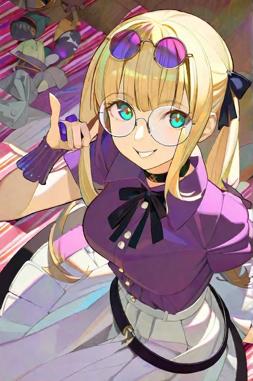 artist: timbougami, style: flat-pasto, character: marie rose, 1girl, solo, looking at viewer, grin, parted lips, round eyewear, breasts, purple shirt, black ribbon, beautiful color, best quality, highres, dead or alive, bespectacled, buttons, choker