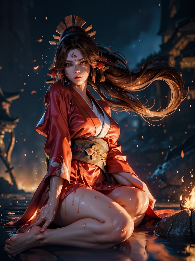 (exquisitely detailed CG unity 8k wallpaper, masterpiece-quality with stunning realism), (best illumination, best shadow), (best quality), (elegant style:1.2), Arti modern anime. angled view, heroic pose, midshot, (cel-shading style:1.3), centered image, ultra detailed closeup portrait of (Mai Shiranui:1) from (King of Fighters), best quality, expressive eyes, perfect face, highres, (ultra details), 1 girl, solo, (brown hair:1), hair ornament, eyeshadow, (gold, white and mainly red qipao:1), highly ornamented, (in Tokyo City:1), portrait, looking at the viewer, piercing eyes, full body, (light from the angle:1) (wind blowing:1.2).(depth of field effects:1.3) (motion action:1.2) (closeup:1.2) (motion blur effects:1), spreading feet, Thin to transparent,see-through, (((Soggy-kimono:1.2))),Lace fabric, (((water-immersed body: 0.9))), jewellery, (lying down:1) (fire in the background:1.1), (hands down:1), (asian face:1), nail polish, makeup