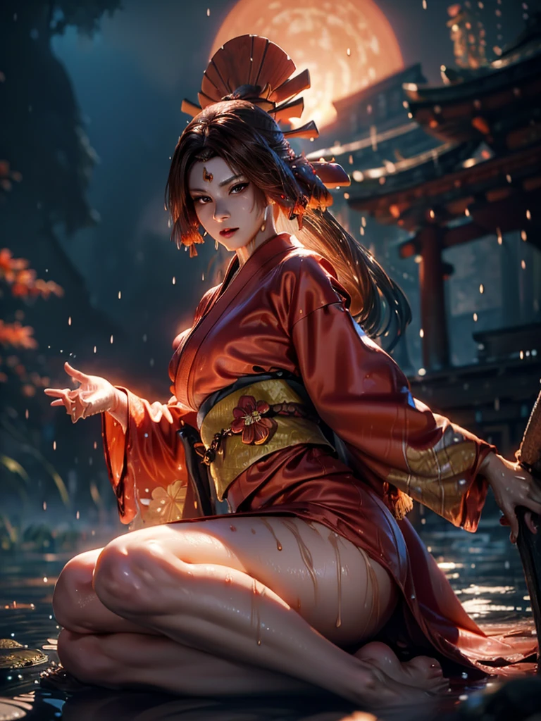 (exquisitely detailed CG unity 8k wallpaper, masterpiece-quality with stunning realism), (best illumination, best shadow), (best quality), (elegant style:1.2), Arti modern anime. angled view, heroic pose, midshot, (cel-shading style:1.3), centered image, ultra detailed closeup portrait of (Mai Shiranui:1) from (King of Fighters), best quality, expressive eyes, perfect face, highres, (ultra details), 1 girl, solo, (brown hair:1), hair ornament, eyeshadow, (gold, white and mainly red qipao:1), highly ornamented, (in Tokyo City:1), portrait, looking at the viewer, piercing eyes, full body, (light from the angle:1) (wind blowing:1.2).(depth of field effects:1.3) (motion action:1.2) (closeup:1.2) (motion blur effects:1), spreading feet, Thin to transparent,see-through, (((Soggy-kimono:1.2))),Lace fabric, (((water-immersed body: 0.9))), jewellery, (lying down:1) (fire in the background:1.1), (hands down:1), (asian face:1), nail polish, makeup