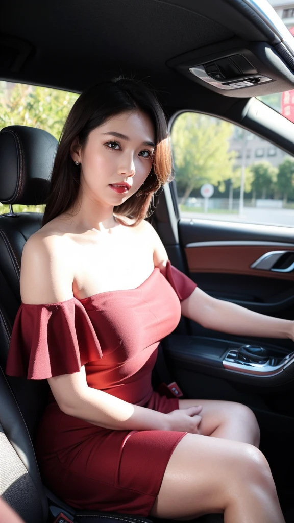 Sit in the front passenger seat facing the driver,Photographed from the driver, perspective,2014 BMW X5M interior,The ceiling and leather parts inside the car are all black.,32Hcup,Off-the-shoulder red dress,Low-cut V-neck short skirt red dress,Eyes on the driver,The main gate of Ma Guang Elementary School is the background,Showing ,You must be able to clearly see that the background is Ma Guang Elementary School gate, Shooting angle wide angle,Capable of photographing the navigation screen inside the car
