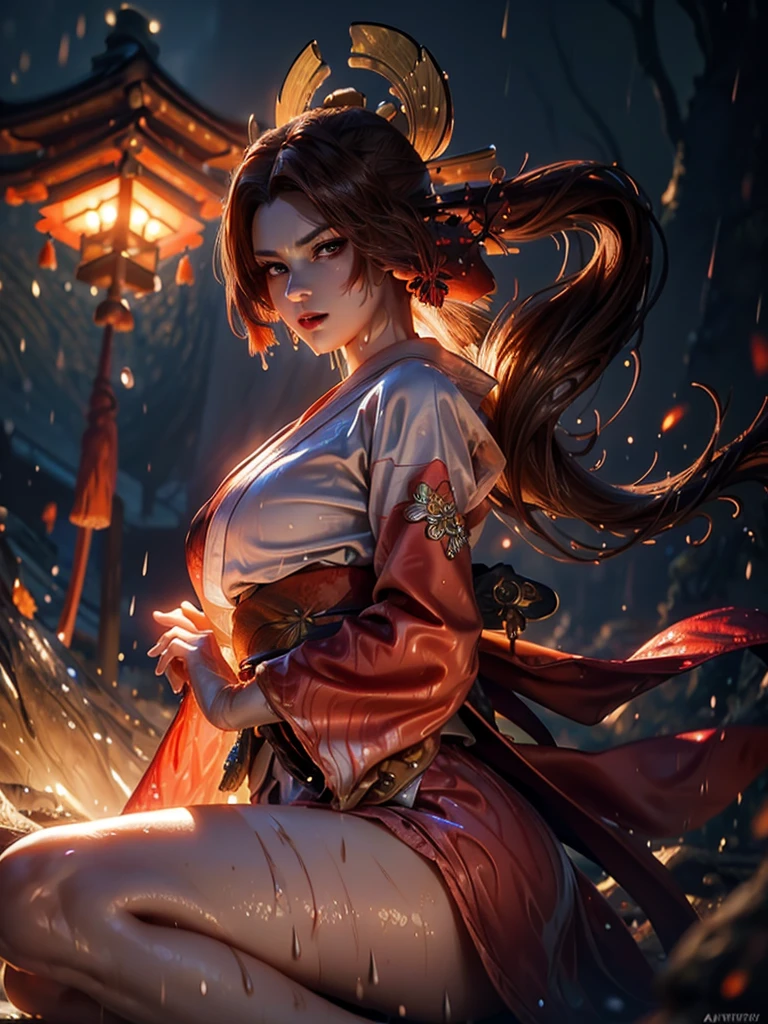 (exquisitely detailed CG unity 8k wallpaper, masterpiece-quality with stunning realism), (best illumination, best shadow), (best quality), (elegant style:1.2), Arti modern anime. angled view, heroic pose, midshot, (cel-shading style:1.3), centered image, ultra detailed closeup portrait of (Mai Shiranui:1) from (King of Fighters), best quality, expressive eyes, perfect face, highres, (ultra details), 1 girl, solo, (brown hair:1), hair ornament, eyeshadow, (gold, white and mainly red qipao:1), highly ornamented, (in Tokyo City:1), portrait, looking at the viewer, piercing eyes, full body, (light from the angle:1) (wind blowing:1.2).(depth of field effects:1.3) (motion action:1.2) (closeup:1.2) (motion blur effects:1), spreading feet, Thin to transparent,see-through, (((Soggy-kimono:1.2))),Lace fabric, (((water-immersed body: 0.9))), jewellery, (lying down:1) (fire in the background:1.1), (asian face:1.2), nail polish, makeup