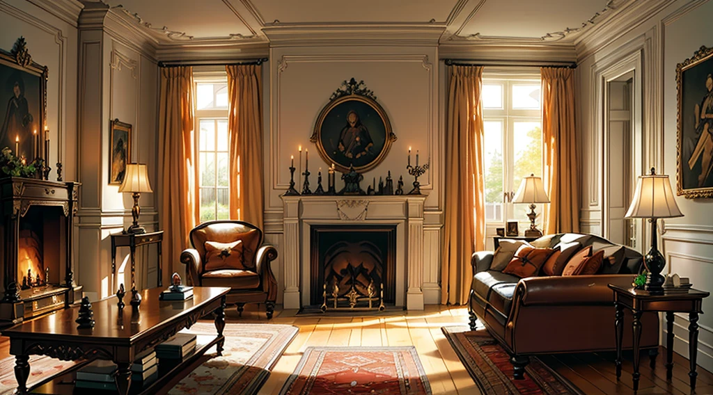 Interior, victorian Manor with reliquies, (((Nigth))), (((moonligth enters the living room))) soft pale orange palette, soft secundary exterior ligth