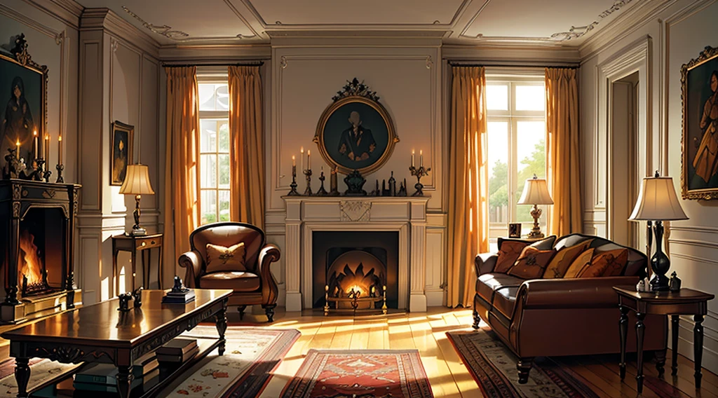 Interior, victorian Manor with reliquies, (((Nigth))), (((moonligth enters the living room))) soft pale orange palette, soft secundary exterior ligth