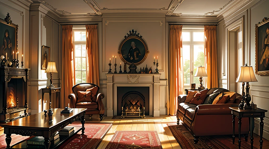 Interior, victorian Manor with reliquies, (((Nigth))), (((moonligth enters the living room))) soft pale orange palette, soft  secundary exterior ligth 