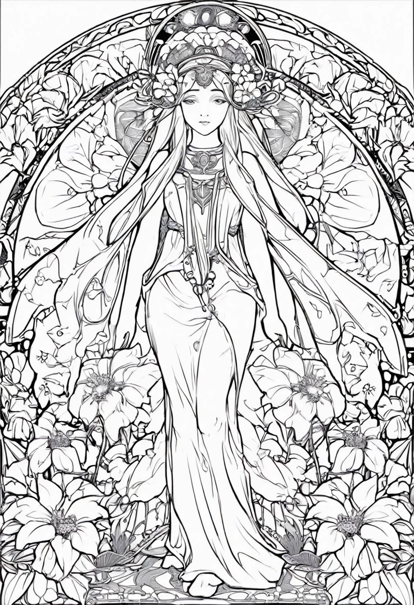 white and black Flowers and goddess with a white background, ploynesian, garden, art for coloring book page, full white background, only use outline, line art, clean line art, mandala for coloring with nature ornaments, simple and clean line art, adorned in Art Nouveau style, with a stroke of Alfons Mucha's brush, perfect details, real