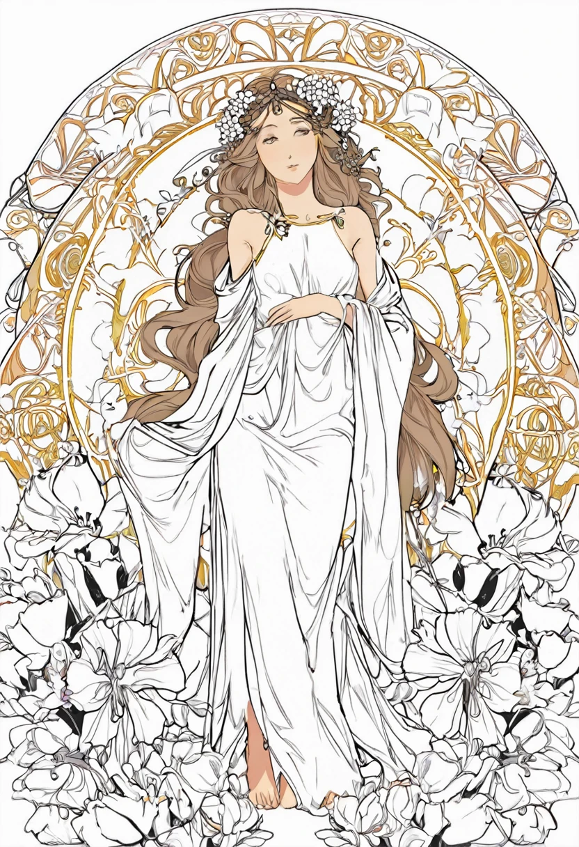 white and black Flowers and goddess with a white background, ploynesian, garden, art for coloring book page, full white background, only use outline, line art, clean line art, mandala for coloring with nature ornaments, simple and clean line art, adorned in Art Nouveau style, with a stroke of Alfons Mucha's brush, perfect details, real