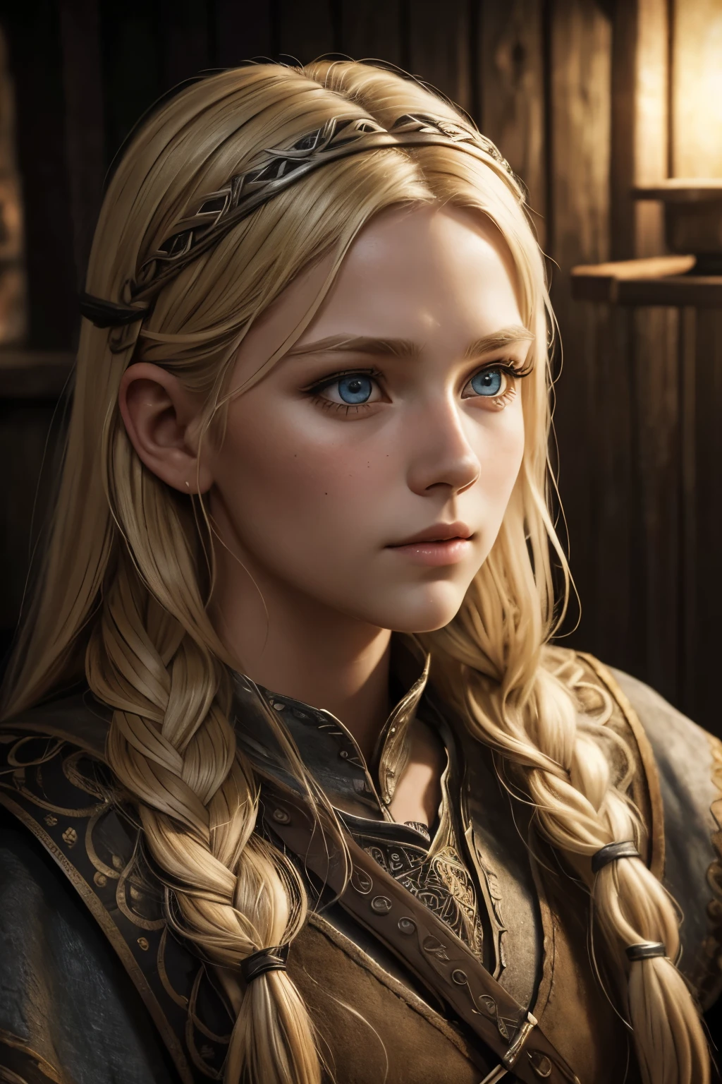 a 12 year old blonde nordic girl, nordic viking tavern, detailed realistic portrait, beautiful detailed eyes, beautiful detailed lips, extremely detailed face, long eyelashes, detailed clothing, medieval fantasy, warm lighting, cinematic composition, dramatic lighting, volumetric lighting, chiaroscuro, photorealistic, 8k, highest quality, masterpiece