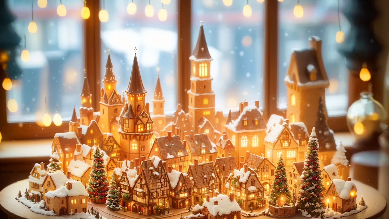 there is a small model of a castle with a candle, sunlight and whimsical houses, miniature city, beautifully lit buildings, magical village, realistic photo of a town, brightly lit, pilgrim village setting, made of glowing wax and ceramic, holiday season, a bustling magical town, brightly-lit, magical scene, lights are on in the windows, with glowing windows