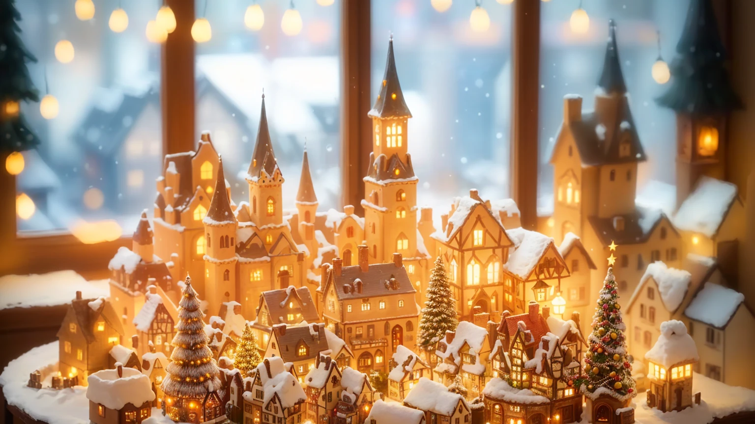 there is a small model of a castle with a candle, sunlight and whimsical houses, miniature city, beautifully lit buildings, magical village, realistic photo of a town, brightly lit, pilgrim village setting, made of glowing wax and ceramic, holiday season, a bustling magical town, brightly-lit, magical scene, lights are on in the windows, with glowing windows