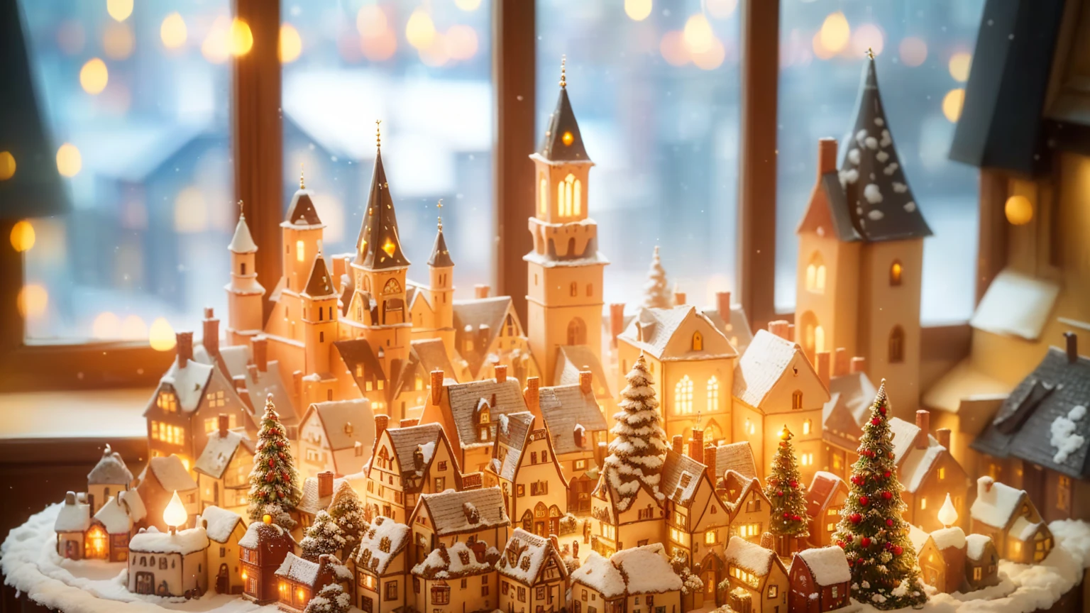 there is a small model of a castle with a candle, sunlight and whimsical houses, miniature city, beautifully lit buildings, magical village, realistic photo of a town, brightly lit, pilgrim village setting, made of glowing wax and ceramic, holiday season, a bustling magical town, brightly-lit, magical scene, lights are on in the windows, with glowing windows