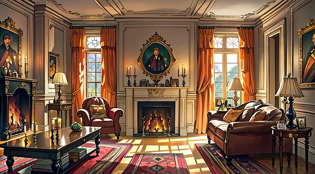 (best quality,masterpiece:1.2,detailed details,4k),Middle Ages, a gorgeous mafia boss's office,,Interior, victorian Manor with reliquies, (((Nigth))), (((moonligth enters the living room))) soft pale orange palette, soft secundary exterior ligth