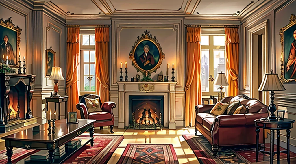 (best quality,masterpiece:1.2,detailed details,4k),Middle Ages, a gorgeous mafia boss's office,,Interior, victorian Manor with reliquies, (((Nigth))), (((moonligth enters the living room))) soft pale orange palette, soft secundary exterior ligth