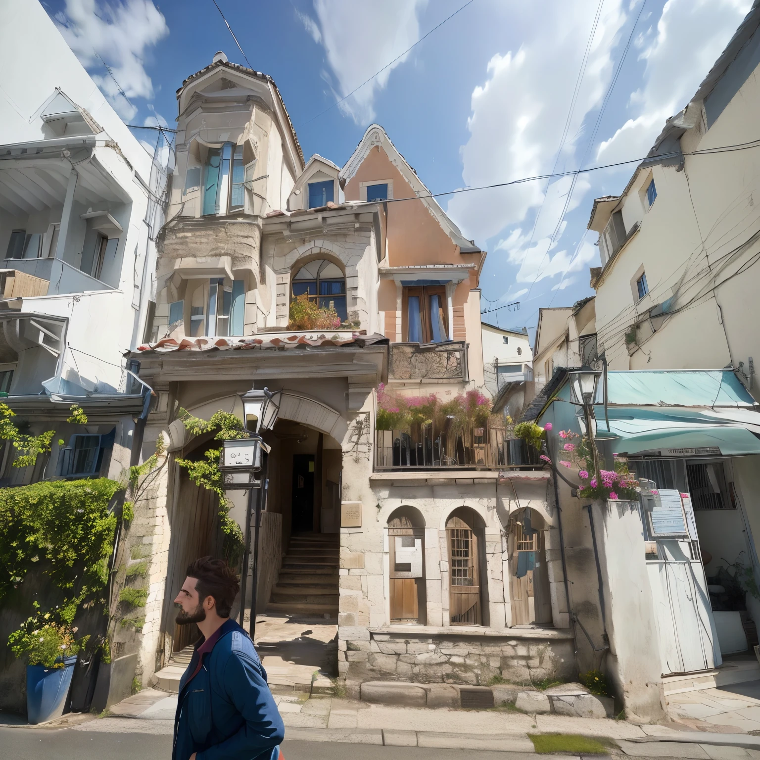 il y a un homme qui marche dans la rue devant une maison, front view, seen from the'Outside, front view, prise sur iphone 14 pro, prise sur iphone 1 3 pro, front view, ornate, head of'majestic work, face avant, vue Outsidee, photo prise en 2 0 2 0, Prise de vue sur iPhone 1 3 Pro Max, ornate