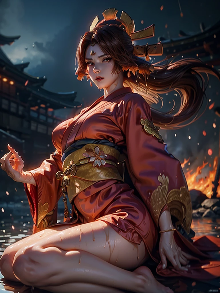 (exquisitely detailed CG unity 8k wallpaper, masterpiece-quality with stunning realism), (best illumination, best shadow), (best quality), (elegant style:1.2), Arti modern anime. angled view, heroic pose, midshot, (cel-shading style:1.3), centered image, ultra detailed closeup portrait of (Mai Shiranui:1) from (King of Fighters), best quality, expressive eyes, perfect face, highres, (ultra details), 1 girl, solo, (brown hair:1), hair ornament, eyeshadow, (gold, white and mainly red qipao:1), highly ornamented, (in Tokyo City:1), portrait, looking at the viewer, piercing eyes, full body, (light from the angle:1) (wind blowing:1.2).(depth of field effects:1.3) (motion action:1.2) (closeup:1.2) (motion blur effects:1), spreading feet, Thin to transparent,see-through, (((Soggy-kimono:1.2))),Lace fabric, (((water-immersed body: 0.9))), jewellery, (lying down:1) (fire in the background:1.1), (asian face:1.2), nail polish, makeup