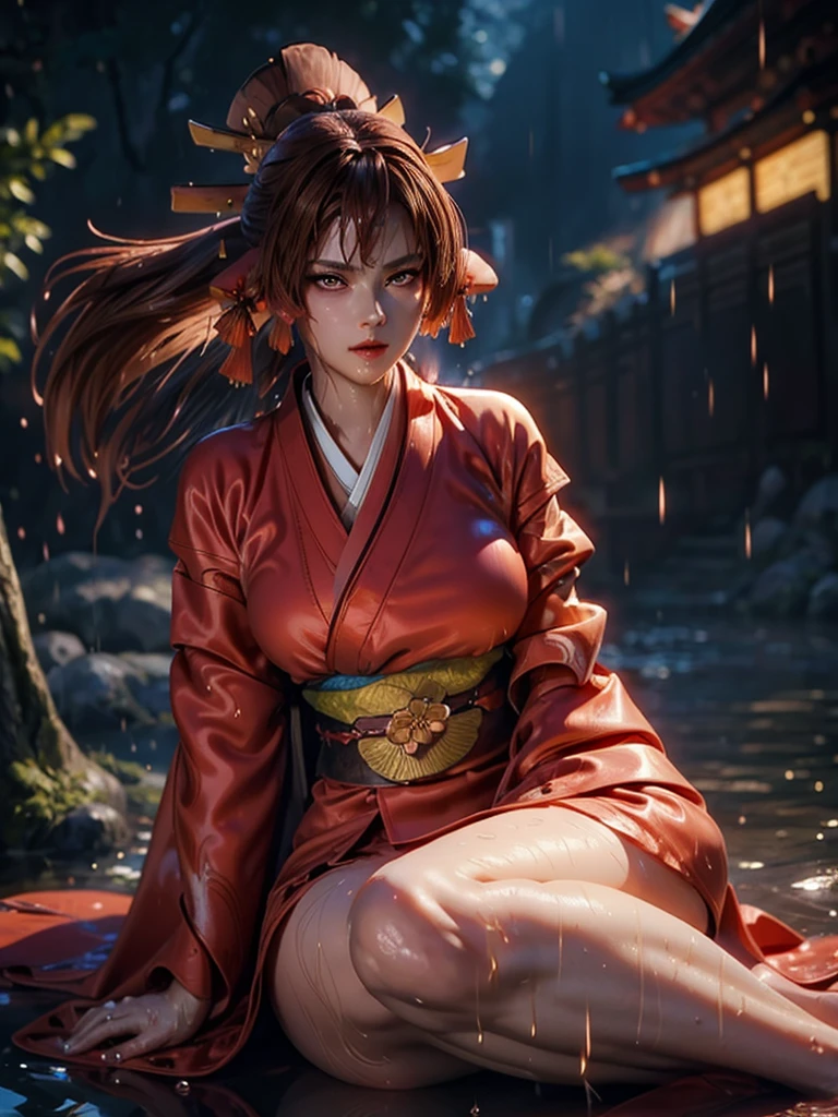(exquisitely detailed CG unity 8k wallpaper, masterpiece-quality with stunning realism), (best illumination, best shadow), (best quality), (elegant style:1.2), Arti modern anime. angled view, heroic pose, midshot, (cel-shading style:1.3), centered image, ultra detailed closeup portrait of (Mai Shiranui:1) from (King of Fighters), best quality, expressive eyes, perfect face, highres, (ultra details), 1 girl, solo, (brown hair:1), hair ornament, eyeshadow, (gold, white and mainly red qipao:1), highly ornamented, (in Tokyo City:1), portrait, looking at the viewer, piercing eyes, full body, (light from the angle:1) (wind blowing:1.2).(depth of field effects:1.3) (motion action:1.2) (closeup:1.2) (motion blur effects:1), spreading feet, Thin to transparent,see-through, (((Soggy-kimono:1.2))),Lace fabric, (((water-immersed body: 0.9))), jewellery, (lying down:1) (fire in the background:1.1), (asian face:1.2), nail polish, makeup