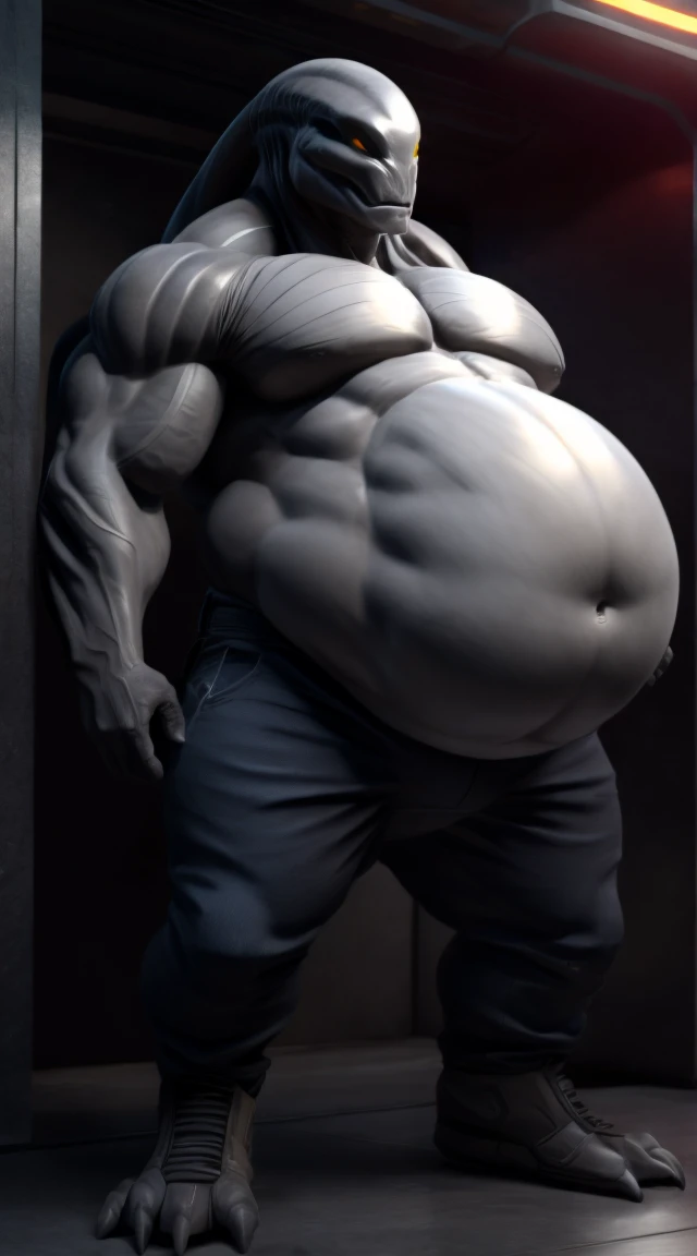 An alien "gray", erected, with pants, Big Stomach, ultra detailed, belly more bulging at the bottom