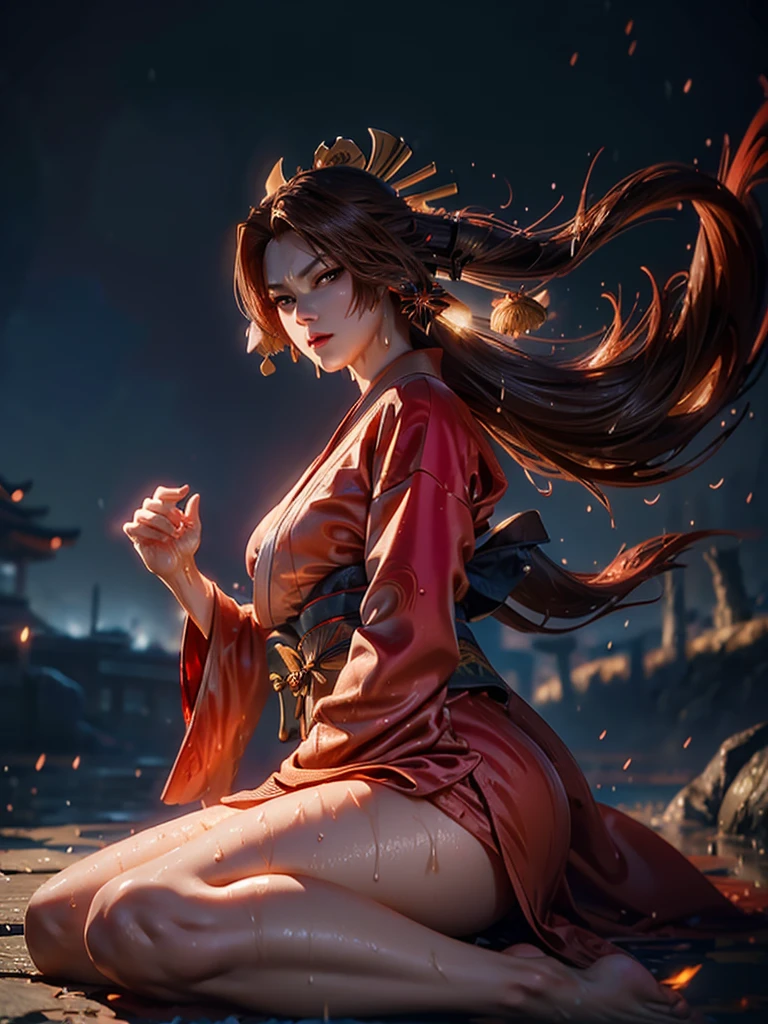 (exquisitely detailed CG unity 8k wallpaper, masterpiece-quality with stunning realism), (best illumination, best shadow), (best quality), (elegant style:1.2), Arti modern anime. angled view, heroic pose, midshot, (cel-shading style:1.3), centered image, ultra detailed closeup portrait of (Mai Shiranui:1) from (King of Fighters), best quality, expressive eyes, perfect face, highres, (ultra details), 1 girl, solo, (brown hair:1), hair ornament, eyeshadow, (gold, white and mainly red qipao:1), highly ornamented, (in Tokyo City:1), portrait, looking at the viewer, piercing eyes, full body, (light from the angle:1) (wind blowing:1.2).(depth of field effects:1.3) (motion action:1.2) (closeup:1.2) (motion blur effects:1), spreading feet, Thin to transparent,see-through, (((Soggy-kimono:1.2))),Lace fabric, (((water-immersed body: 0.9))), jewellery, (lying down:1) (fire in the background:1.1), (asian face:1.2), nail polish, makeup