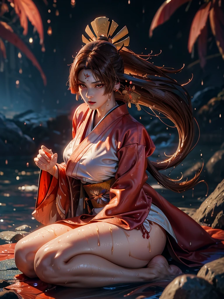 (exquisitely detailed CG unity 8k wallpaper, masterpiece-quality with stunning realism), (best illumination, best shadow), (best quality), (elegant style:1.2), Arti modern anime. angled view, heroic pose, midshot, (cel-shading style:1.3), centered image, ultra detailed closeup portrait of (Mai Shiranui:1) from (King of Fighters), best quality, expressive eyes, perfect face, highres, (ultra details), 1 girl, solo, (brown hair:1), hair ornament, eyeshadow, (gold, white and mainly red qipao:1), highly ornamented, (in Tokyo City:1), portrait, looking at the viewer, piercing eyes, full body, (light from the angle:1) (wind blowing:1.2).(depth of field effects:1.3) (motion action:1.2) (closeup:1.2) (motion blur effects:1), spreading feet, Thin to transparent,see-through, (((Soggy-kimono:1.2))),Lace fabric, (((water-immersed body: 0.9))), jewellery, (lying down:1) (fire in the background:1.1), (asian face:1.2), nail polish, makeup