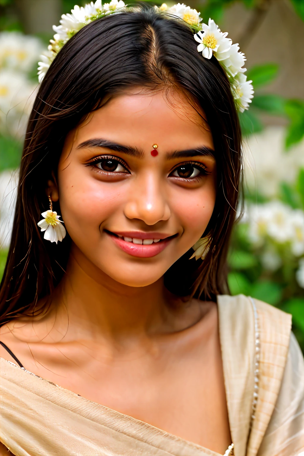 Indian traditional girl smile having jasmine flowers in head.