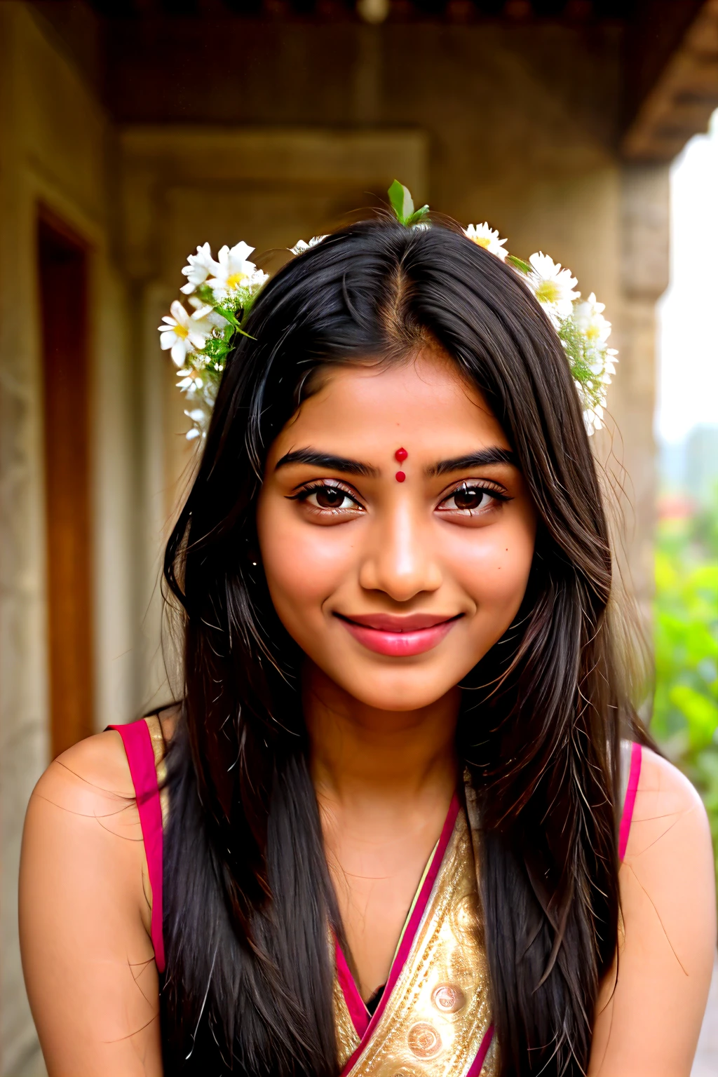 Smiling Indian traditional girl having jasmine flowers in head with long hair