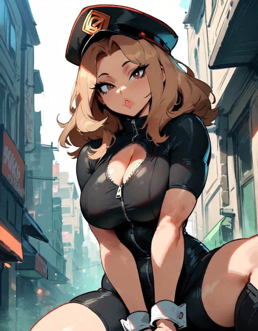 1girl, utsushimi kemii, boku no hero academia \\\\\ masterpiece, best quality, very aesthetic, absurdres, newest \\\\\\ slim body,///// ,by nyantcha,cutesexyrobutts , by khyle,,////// beautiful face, sexy, white knee-high boots, light brown hair ,plump and glossy lips, city, looking at viewer, close-up, dark brown eyes,big tits, cap, spread legs,simple black catsuit with blending patterned lines and a zipper running down the middle, left slightly down to reveal her cleavage. She wears white cuffs around her wrists