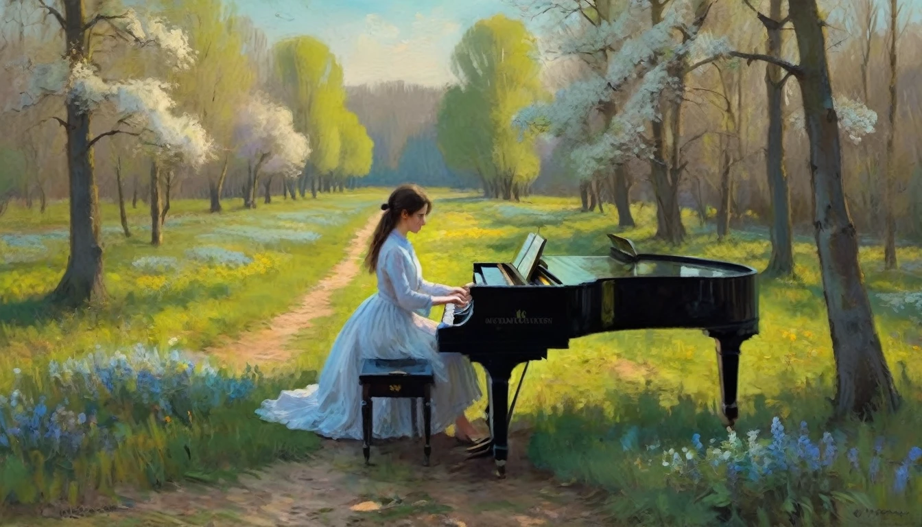 girl in the spring forest plays the piano. Evening. Claude Monets style. A Pictorial Masterpiece. high quality