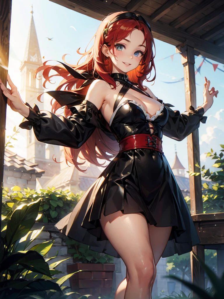 A beautiful and ???? peasant woman dress like a tavern wench, beautiful aquiline face detail, bright light eyes, full luscious lips, ???? eyeliner and eyeshadow, flirty smile, mischievous glint in her eye, detailed tiny perky cleavage, perfect legs, lithe body, wonderful and innocent energy, adventurous spirit, Lucious red hair, atmospheric fog, ambient light, rim light, a small medieval village, an overgrown forest, ???? dancing and twirling,
 sultry look, seductive
