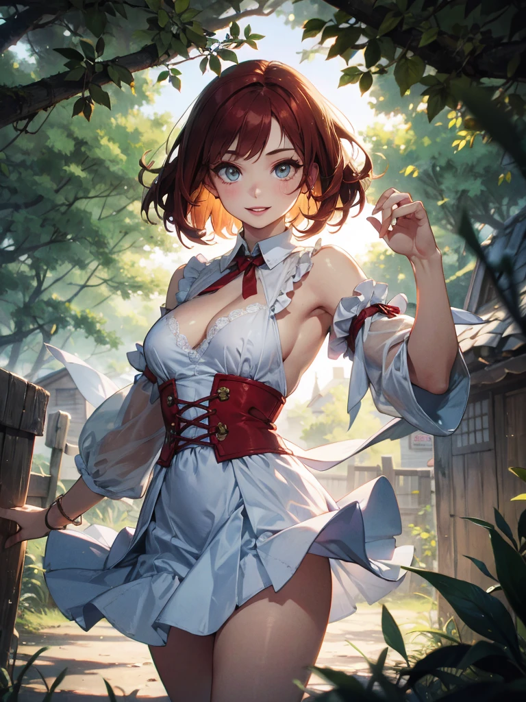A beautiful and sexy peasant woman dress like a tavern wench, beautiful aquiline face detail, bright light eyes, full luscious lips, sexy eyeliner and eyeshadow, flirty smile, mischievous glint in her eye, detailed tiny perky cleavage, perfect legs, lithe body, wonderful and innocent energy, adventurous spirit, Lucious red hair, atmospheric fog, ambient light, rim light, a small medieval village, an overgrown forest, sexy dancing and twirling,
sultry look, seductive