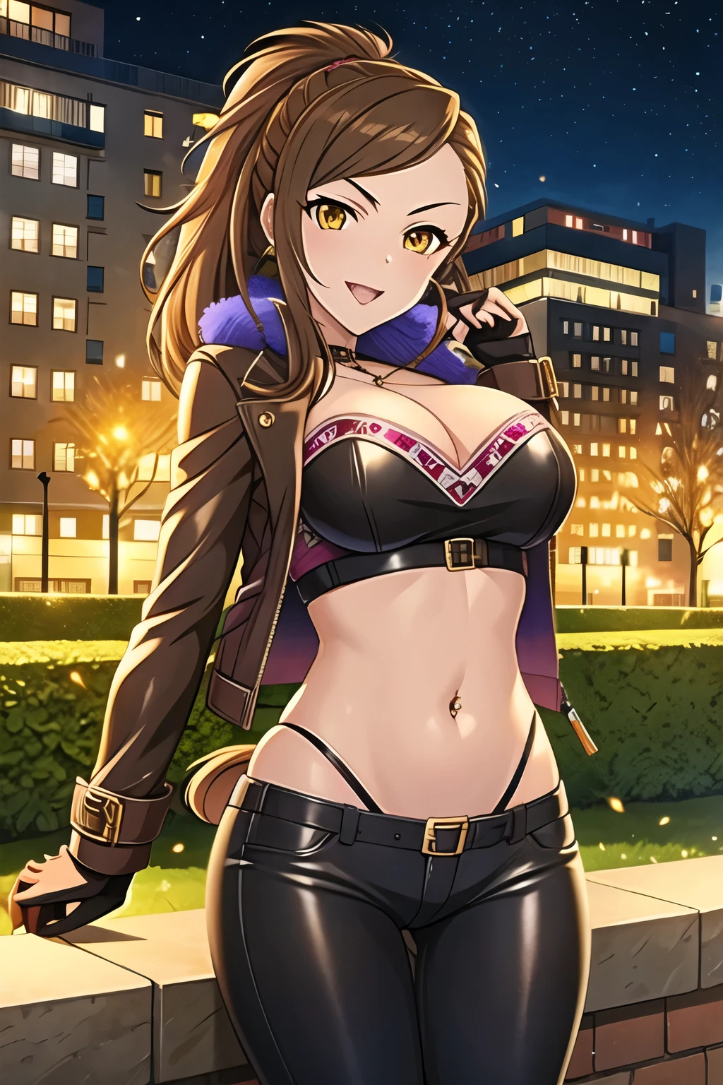 Brown Hair, Yellow eyes 1girl, 独奏、 short ponytail, brown hair, blush, lipstick, outdoors, rooftop, cityscape, building, railing, night, night sky, scenery, city lights, Fur trim, mature female, gloves, fur-trimmed coat, masterpiece, best quality, highly detailed, a girls with a gun, evil smile , open mouth, sexy gaze, badass pose , evil smile, smile, (nsfw) not safe for work, guns blazing, anime girl with long hair, beautiful long haired girl, navel, evil expression, exposed belly, exposed navel, exposed midriff, exposed lower belly, long black pants, crop top, cleavage, unbuttoned leather pants ,open fly, low rise black leather pants, leather jacket, holding a gun, navel piercing