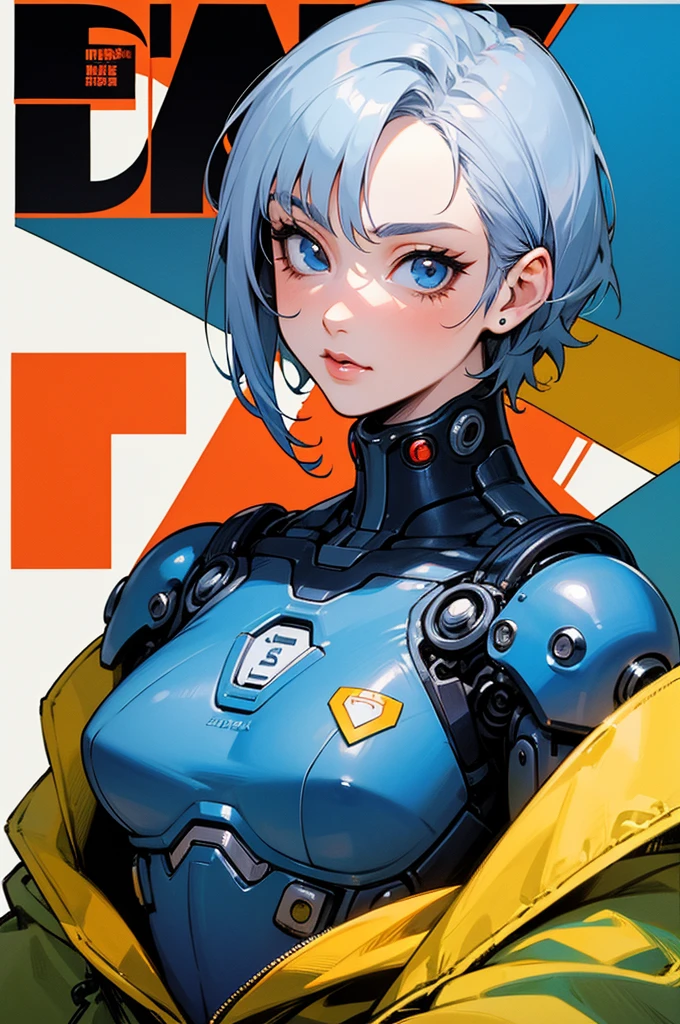 (masterpiece: 1.2, best quality), (1 lady, solo, upper body: 1.2), Hair: short cut, Clothing: oversized denim jacket and combat boots, underground or street art exhibition, android girl perfect for the future, cyborg girl, blue cyborg, cyborg - girl with silver hair, cyber machine female face, modern cyberpunk anime, cyborg girl, cyberpunk ads, perfect anime cyborg woman, porcelain cyborg, perfect cyborg woman, beautiful android ((modern clothes)) Looking at the viewer, looking at the camera,Magazine cover,a close up of a poster with a person on a cell phone, by Shinoda Toko, by Tadashi Nakayama, by Hirohiko Araki, manga cover style, manga comic book cover, by Yokoyama Taikan, inspired in hirohiko araki, by Yoshiyuki Tomino, by Yoshihiko Wada, by Yumihiko Amano
