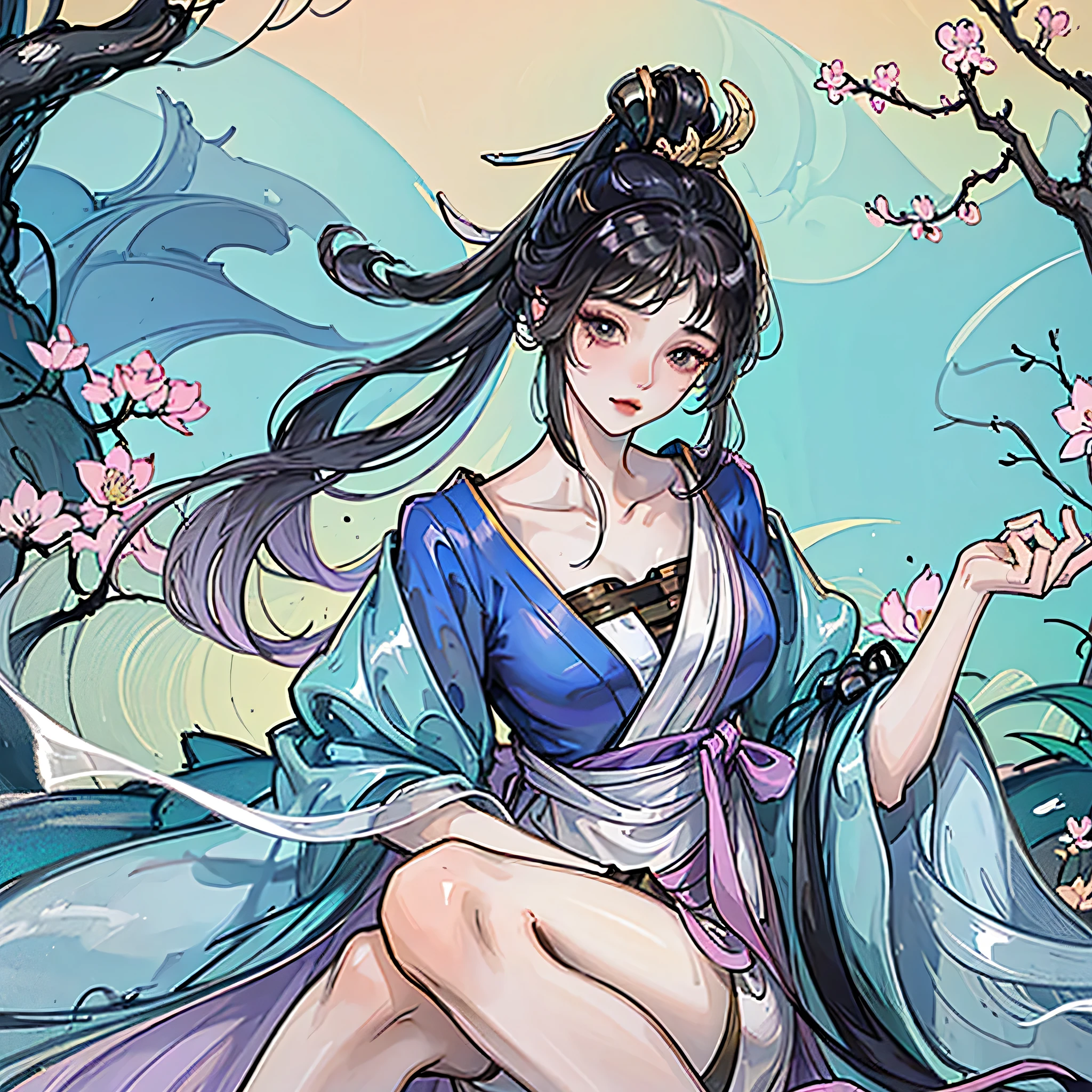 A man and a woman look at each other in a Chinese-style mansion,Light tones, blue and violet,Best quality, Ultra-high resolution, (((1 girl))),(Black long hairBest quality, Ultra-high resolution, (((1 girl))),(A lady with long black hair,Wearing Hanfu,Delicate face,Gold and silver hairpin,Slightly sideways looking into the distance,chinese classic garden,Chinese clothing,Peach Blossom Forest,Half Body,Sad expression