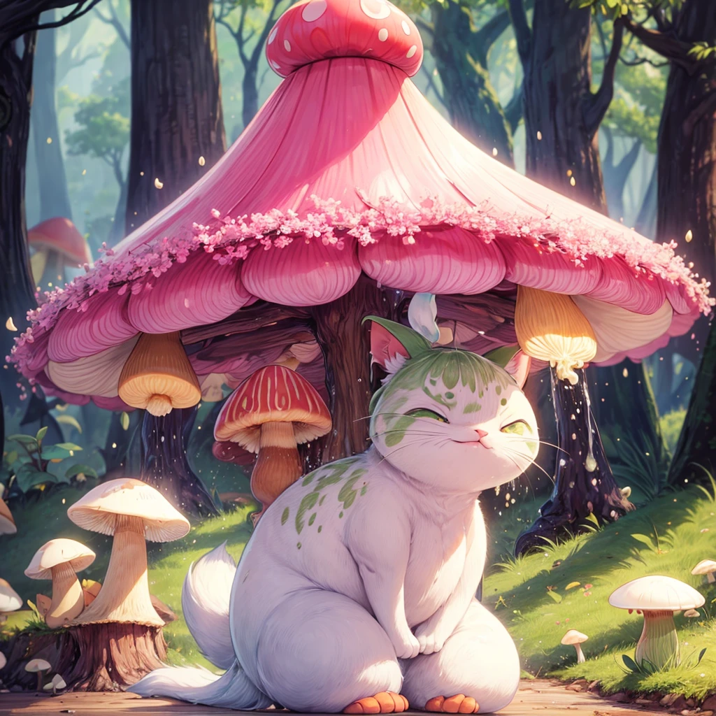 The "light matcha-colored cat" wears a "cream-colored poisonous mushroom"-shaped hat on its head。
Its body is like a poisonous mushroom,The body changes into the shape of a ''Pure mushroom'',The feet also become cylindrical and long,But without losing the cat’s hair and mobility。
Eyes become round and big,Wine red。
The tail becomes like a platypus,flat and wide