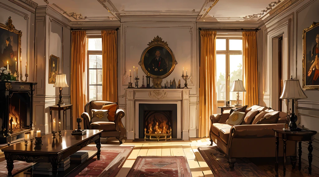 (best quality,masterpiece:1.2,detailed details,4k),Middle Ages, a gorgeous mafia boss's office,,Interior, victorian Manor with reliquies, (((Nigth))), (((moonligth enters the living room))) soft pale orange palette, soft secundary exterior ligth