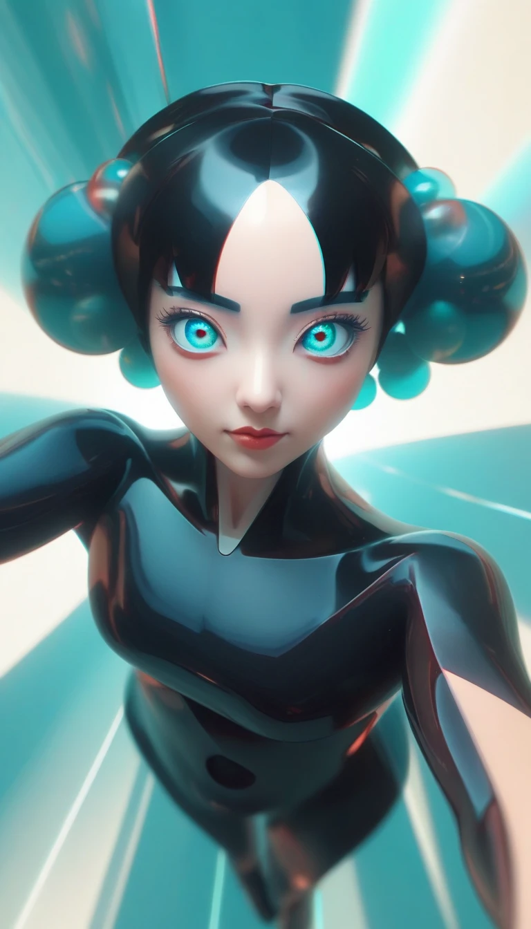 black hair, hair bobbles, longeyelashes, solid circle eyes, light smile, ccurate, symbol-shaped pupils, aqua eyes, gradient_eyes, Surrealism, drop shadow, anaglyph, stereogram, pov, atmospheric perspective, speed lines, sparkle, motion blur, god rays, Contemporary art, Cubist Futurism, Futurism, Verism, Hyperrealism, outside border, isometric, Canon, overexposure, 8k, super detail, best quality, 16k, 1080P, UHD, masterpiece, accurate, textured skin, anatomically correct, high details, high quality, highres, HD